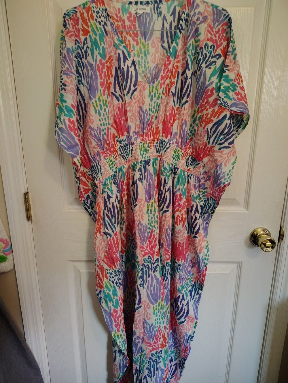 Mary Square Women's L/XL Multicolor Floral V-Neck Kimono Sleeve Maxi Dress